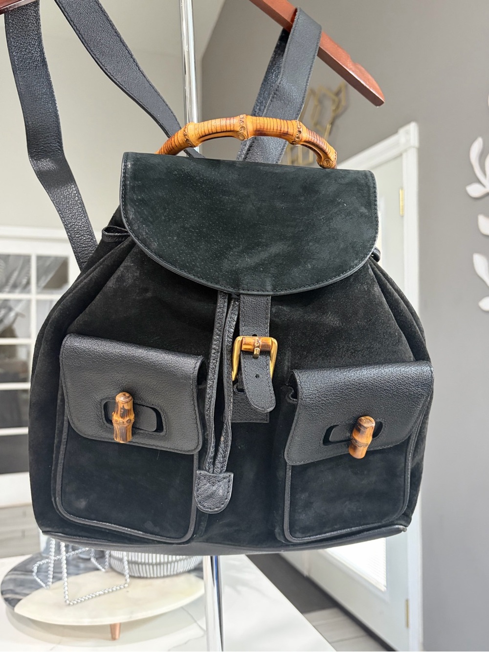 Gucci vintage Black Suede Bamboo-Accent Backpack